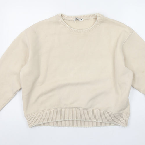 Zara Women Beige Cotton Blend Pullover Sweatshirt Size S