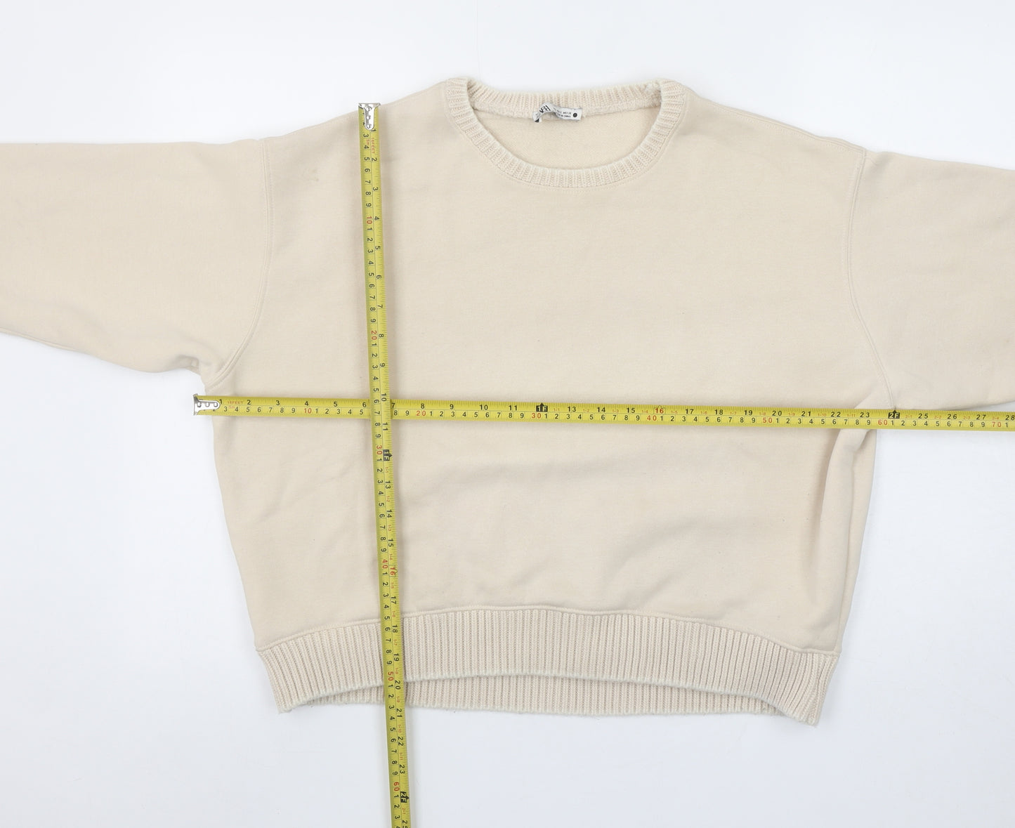 Zara Women Beige Cotton Blend Pullover Sweatshirt Size S