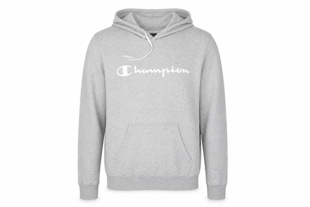 Front view of Champion Men's Grey Pullover Hoodie Small Logo Fleece Sweatshirt