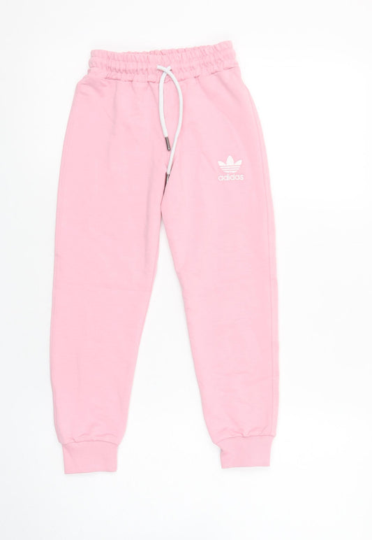 Adidas Girls Pink Jogger Trousers Size 7 Years Cotton Blend Elastic Waist