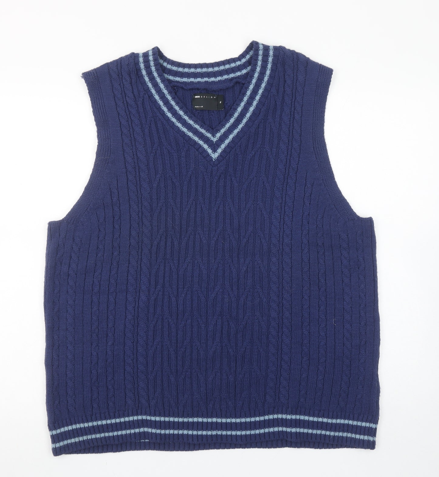 ASOS DESIGN Men's Blue XL Cable-Knit V-Neck Sleeveless Vest