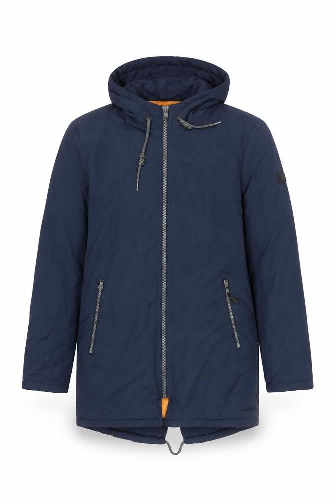 Front view of Blend Men's Blue Hooded Parka Jacket, size S, Nylon Full Zip