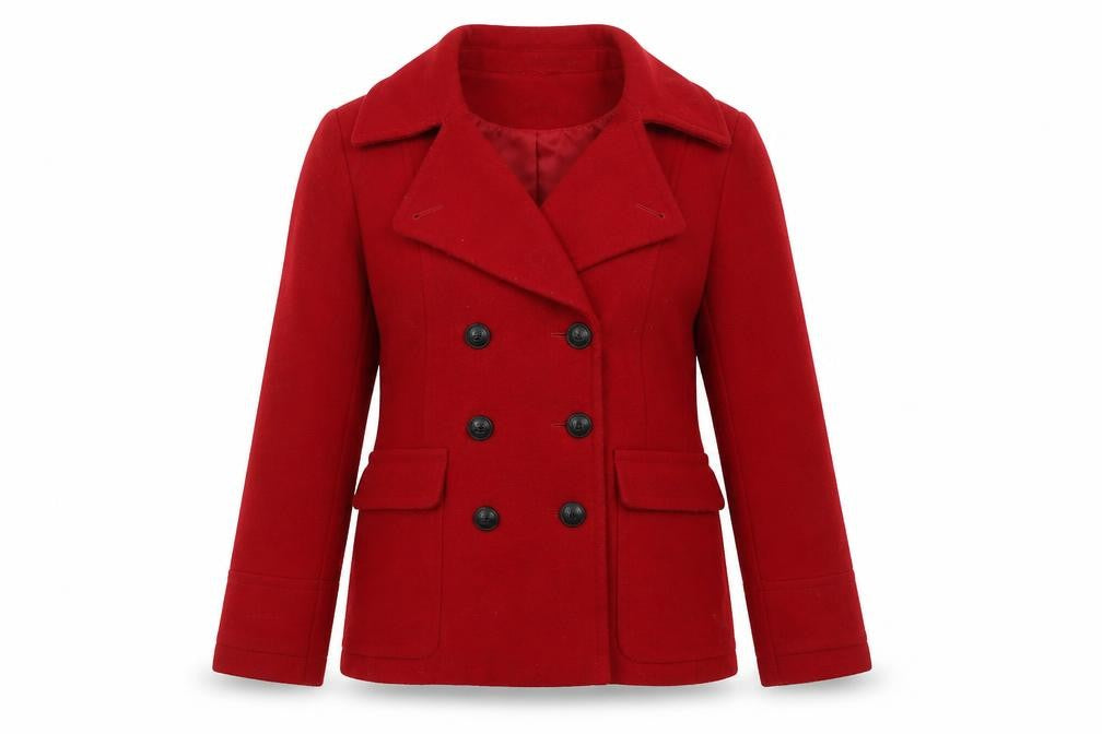 Front view of Marks & Spencer Women’s Red Wool Look Pea Coat, size UK 12, Double Breasted
