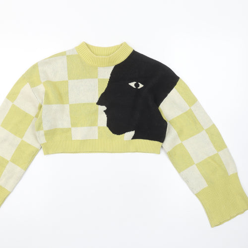 Monki Womens XXS Yellow Check Knit Face Graphic Cropped Jumper