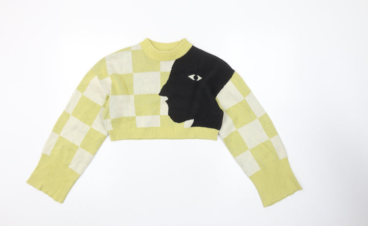 Monki Womens XXS Yellow Check Knit Face Graphic Cropped Jumper