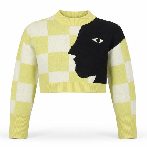 Monki Womens XXS Yellow Check Knit Face Graphic Cropped Jumper