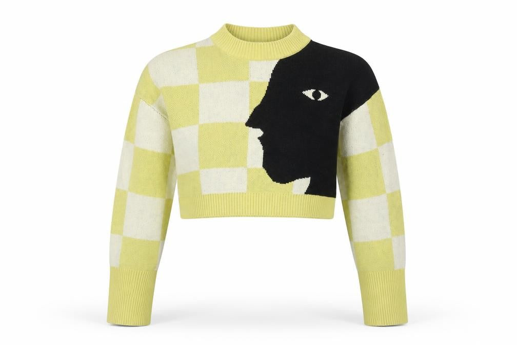 Monki Womens XXS Yellow Check Knit Face Graphic Cropped Jumper
