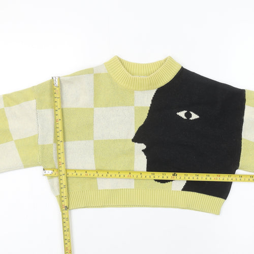 Monki Womens XXS Yellow Check Knit Face Graphic Cropped Jumper