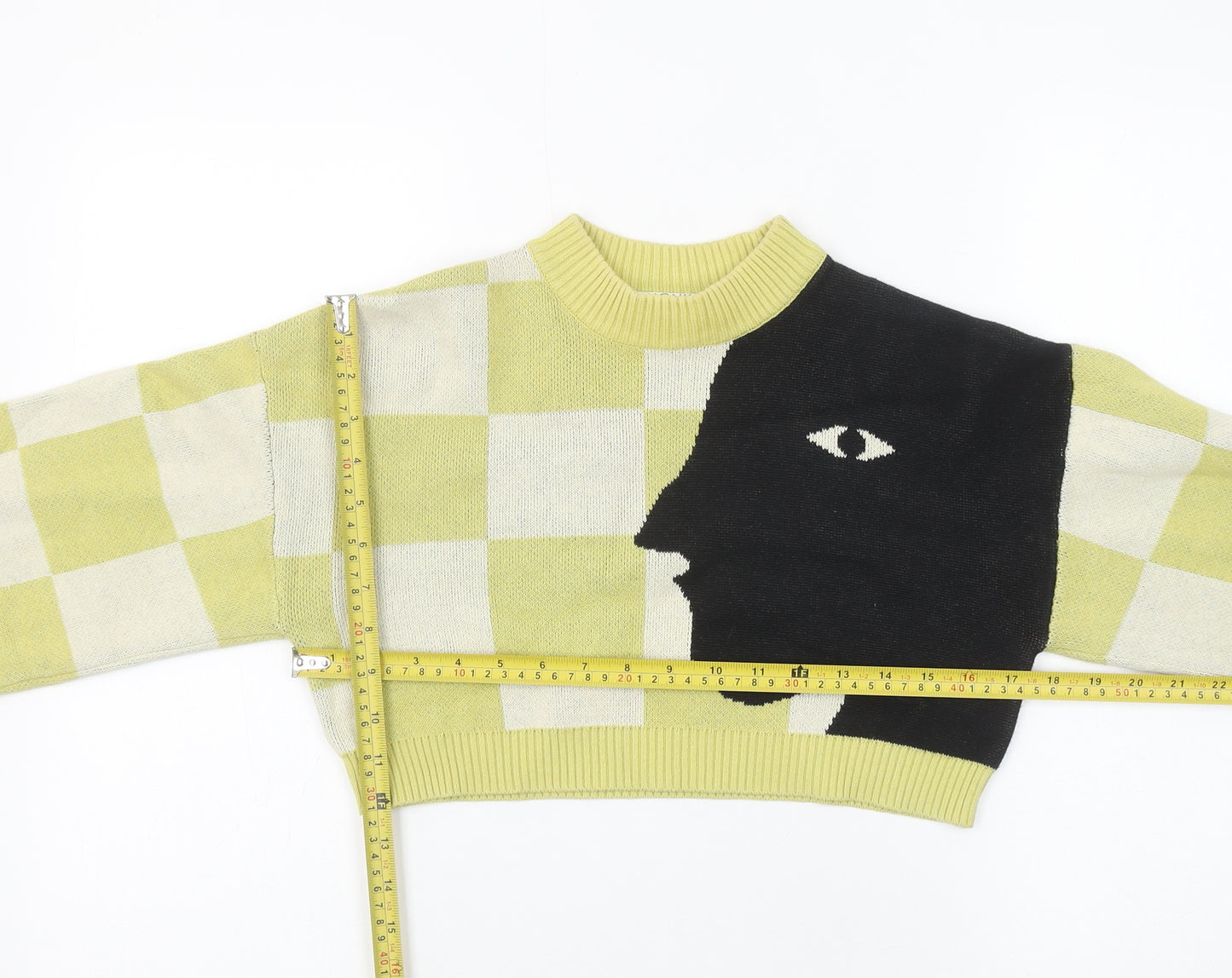 Monki Womens XXS Yellow Check Knit Face Graphic Cropped Jumper