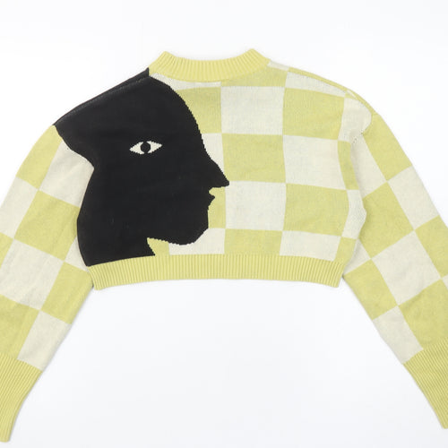 Monki Womens XXS Yellow Check Knit Face Graphic Cropped Jumper