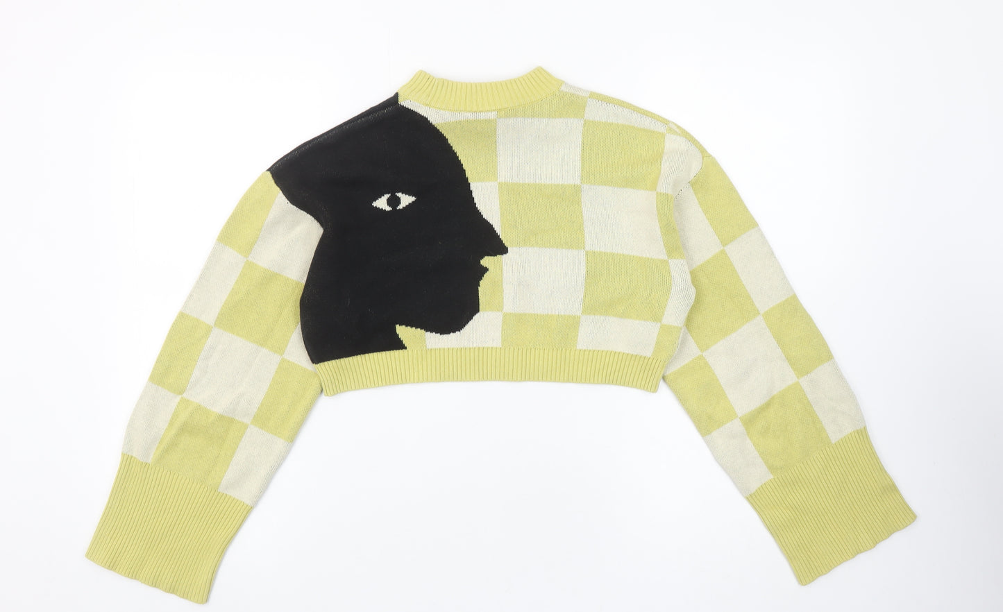Monki Womens XXS Yellow Check Knit Face Graphic Cropped Jumper