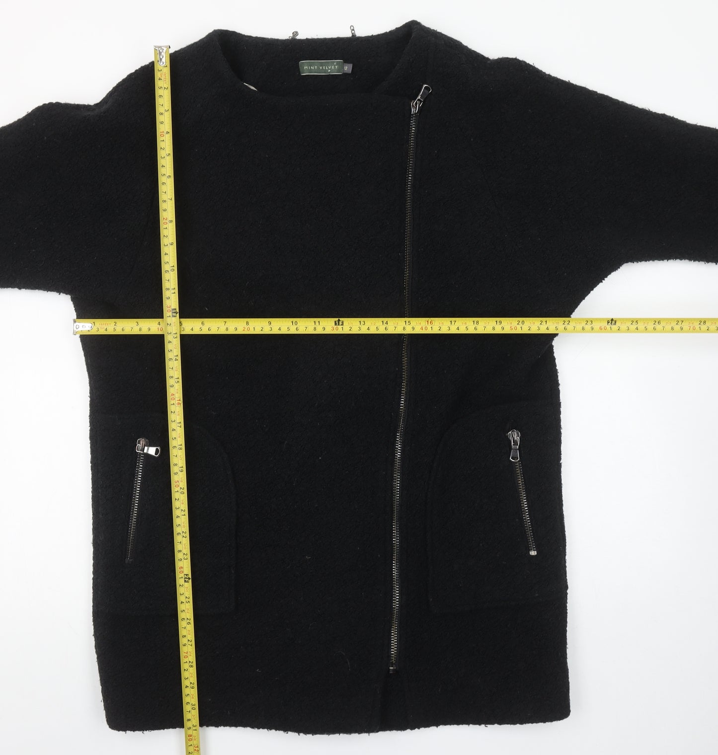 Mint Velvet Women’s Black Wool Blend Zip Mid-Length Coat Size 12
