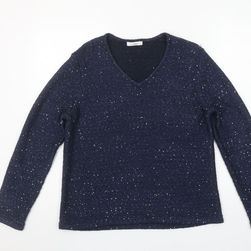 Marks and Spencer Women’s Blue Sequin V-Neck Long Sleeve Knit Jumper Size 14