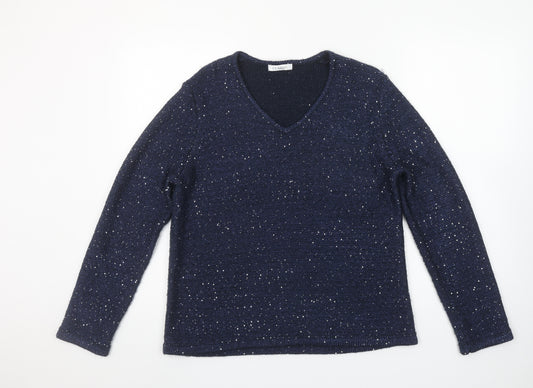 Marks and Spencer Women’s Blue Sequin V-Neck Long Sleeve Knit Jumper Size 14