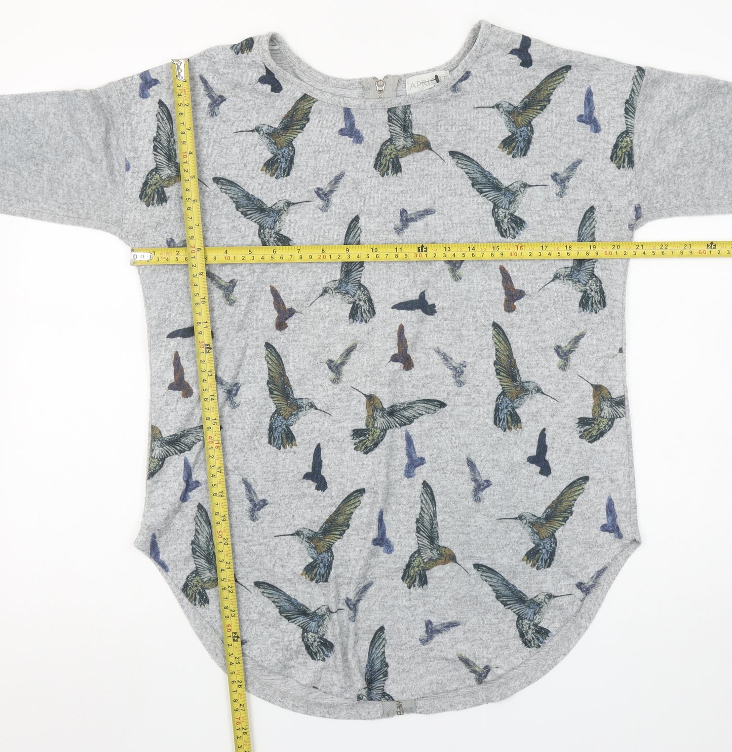Apricot Womens Grey Bird Print Long Sleeve Zip Back T-Shirt Size S