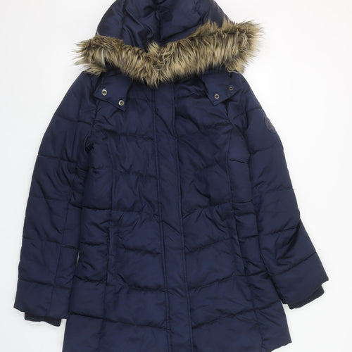 H&M Women's Navy Hooded Puffer Coat Faux Fur Trim Size 14Y
