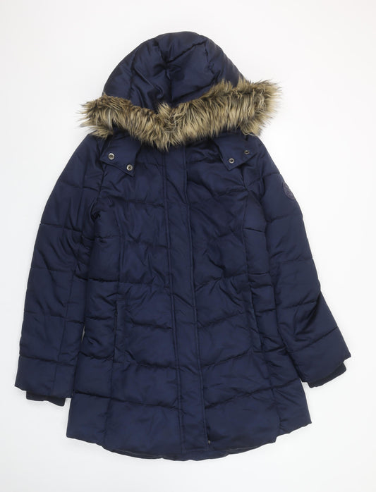 H&M Women's Navy Hooded Puffer Coat Faux Fur Trim Size 14Y