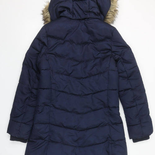 H&M Women's Navy Hooded Puffer Coat Faux Fur Trim Size 14Y