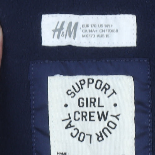 H&M Women's Navy Hooded Puffer Coat Faux Fur Trim Size 14Y