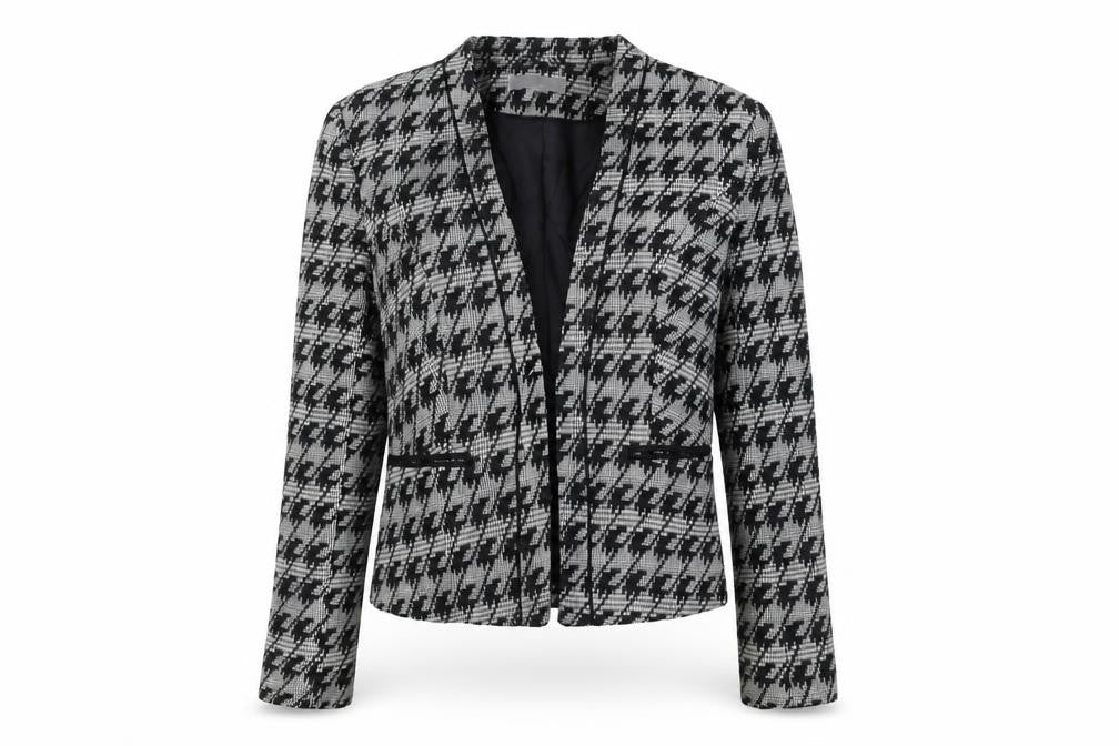 Front view of H&M Women's Black & Grey Houndstooth Blazer, size 8, Classic Fit