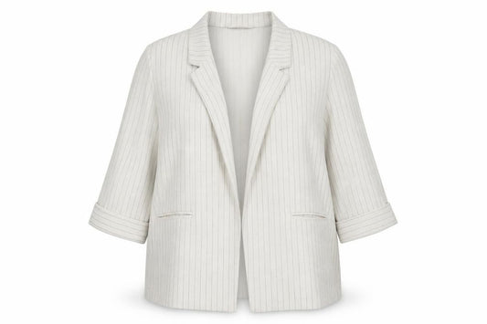 Front view of Papaya Women Beige Striped Linen Blend Blazer Jacket, size 18