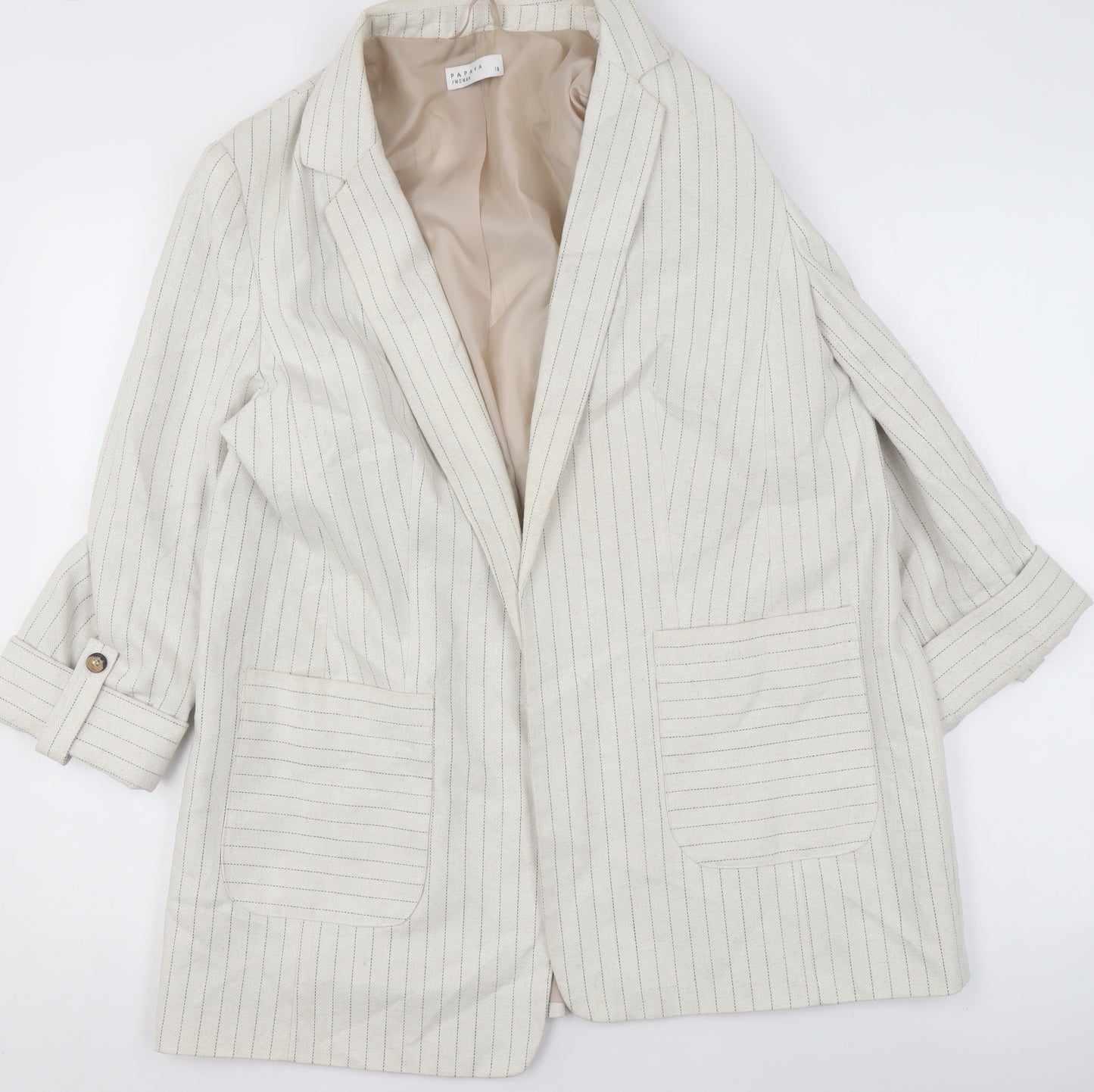 Papaya Women Beige Striped Linen Blend Blazer Jacket Size 18