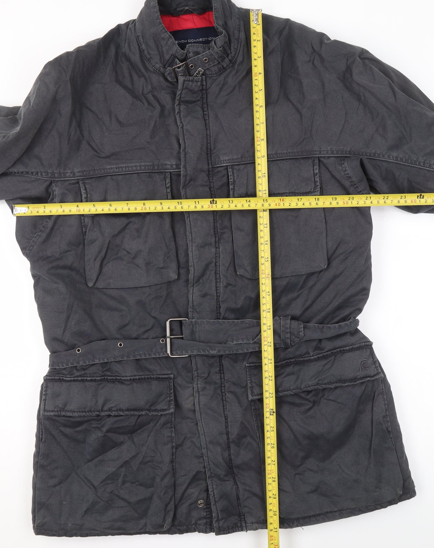 French Connection Men's Grey Military Jacket Medium Cotton Belted