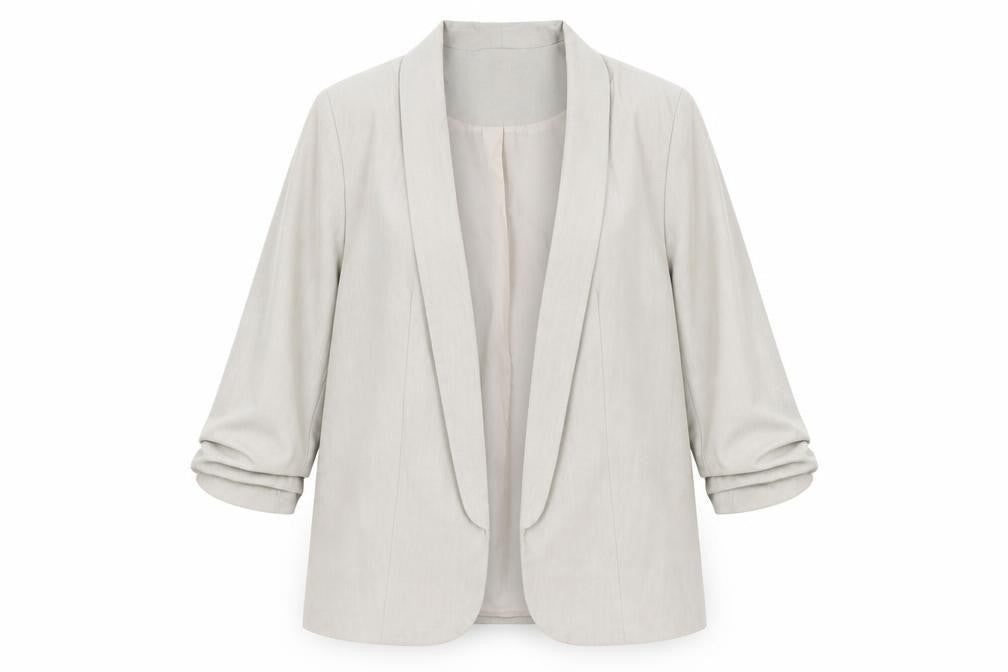Front view of Pieces Women Beige Regular Fit Single-Breasted Blazer, size S