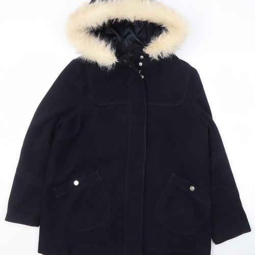 Topshop Women’s Black Wool Blend Faux Fur Hooded Parka Coat Size 12