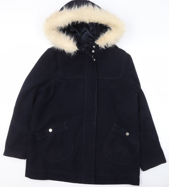 Topshop Women’s Black Wool Blend Faux Fur Hooded Parka Coat Size 12