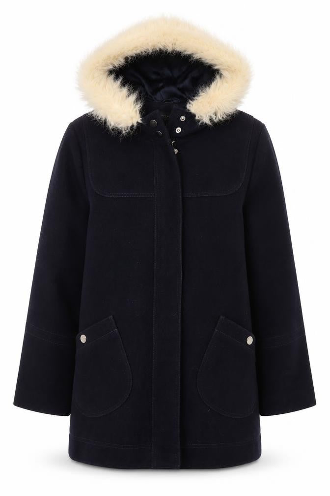 Topshop Women’s Black Wool Blend Faux Fur Hooded Parka Coat Size 12