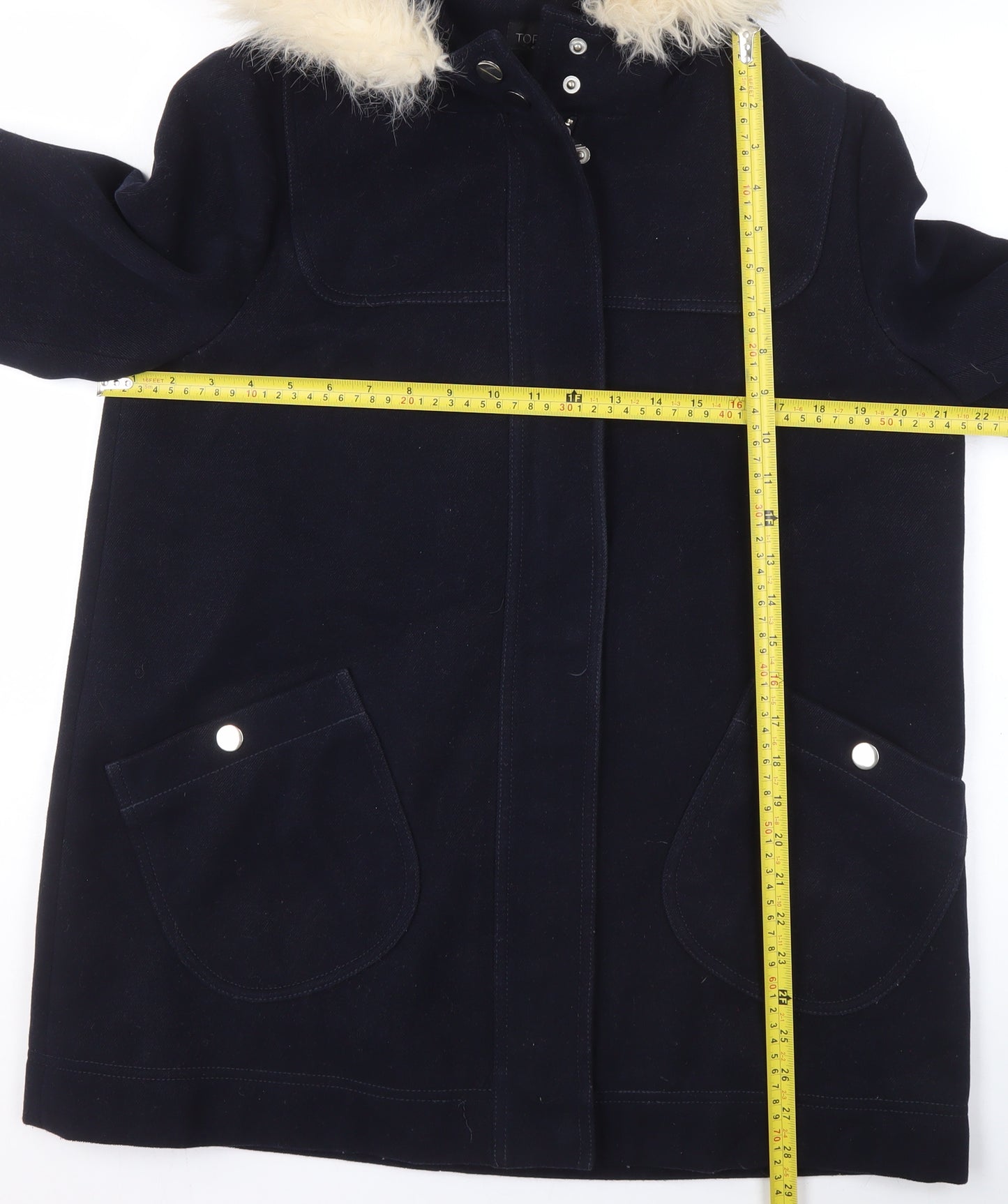 Topshop Women’s Black Wool Blend Faux Fur Hooded Parka Coat Size 12