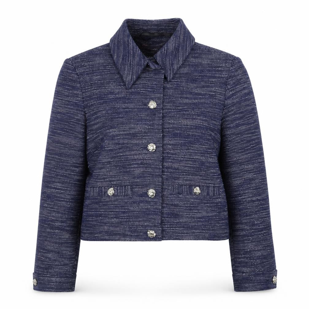 Front view of Carmel Women's Blue Woven Suit Jacket, size 12, Single Breasted Classic