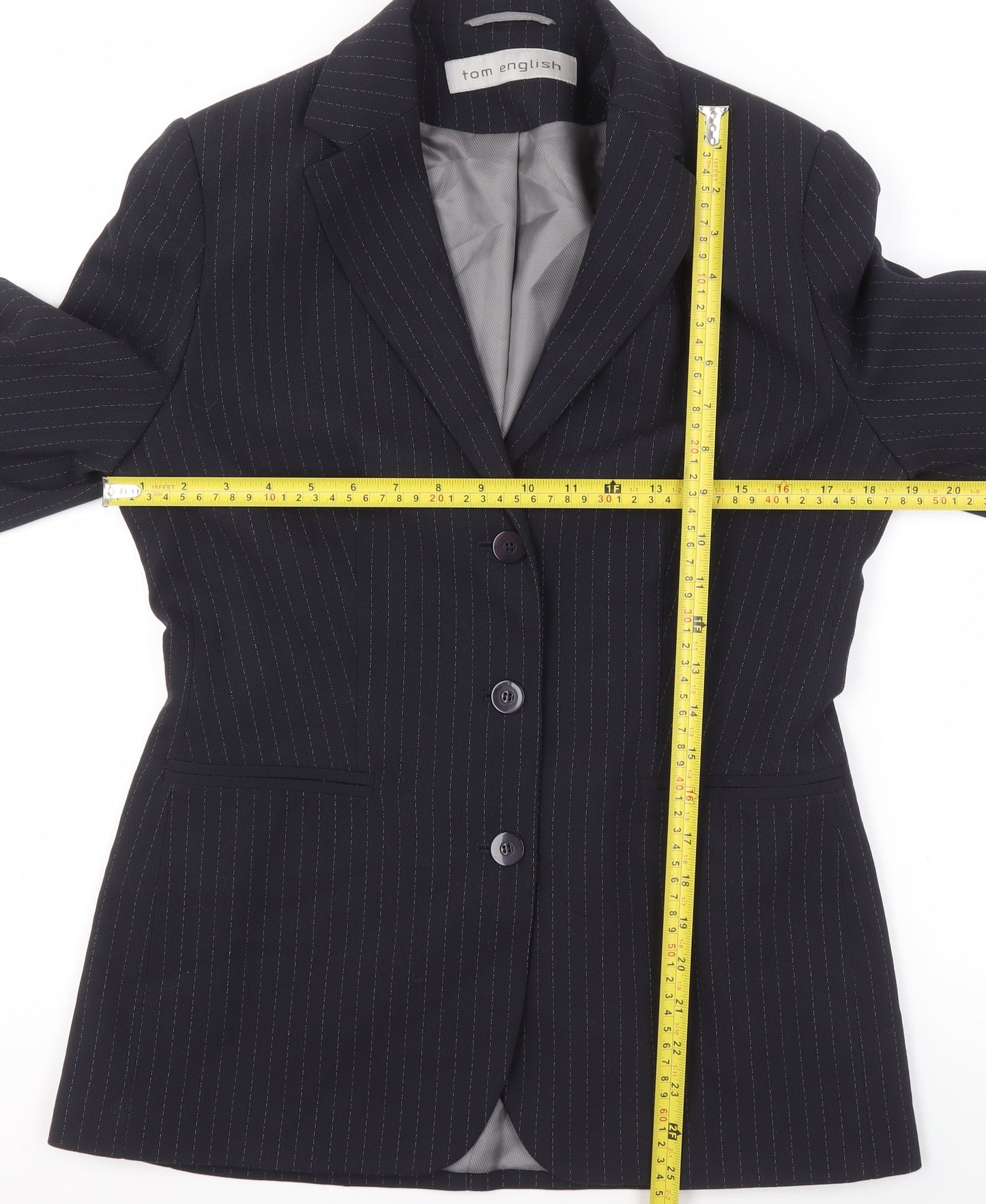 Tom English Women Black Pinstripe Single-Breasted Suit Jacket Size 10