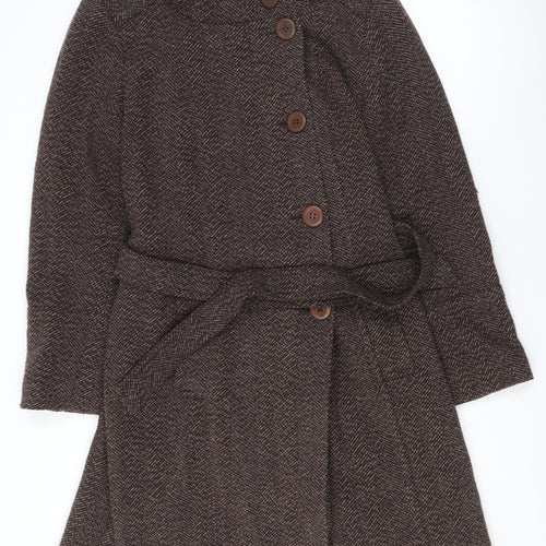 Caroll Women Brown Wool Blend Herringbone Belted Mid-Length Coat Size 42