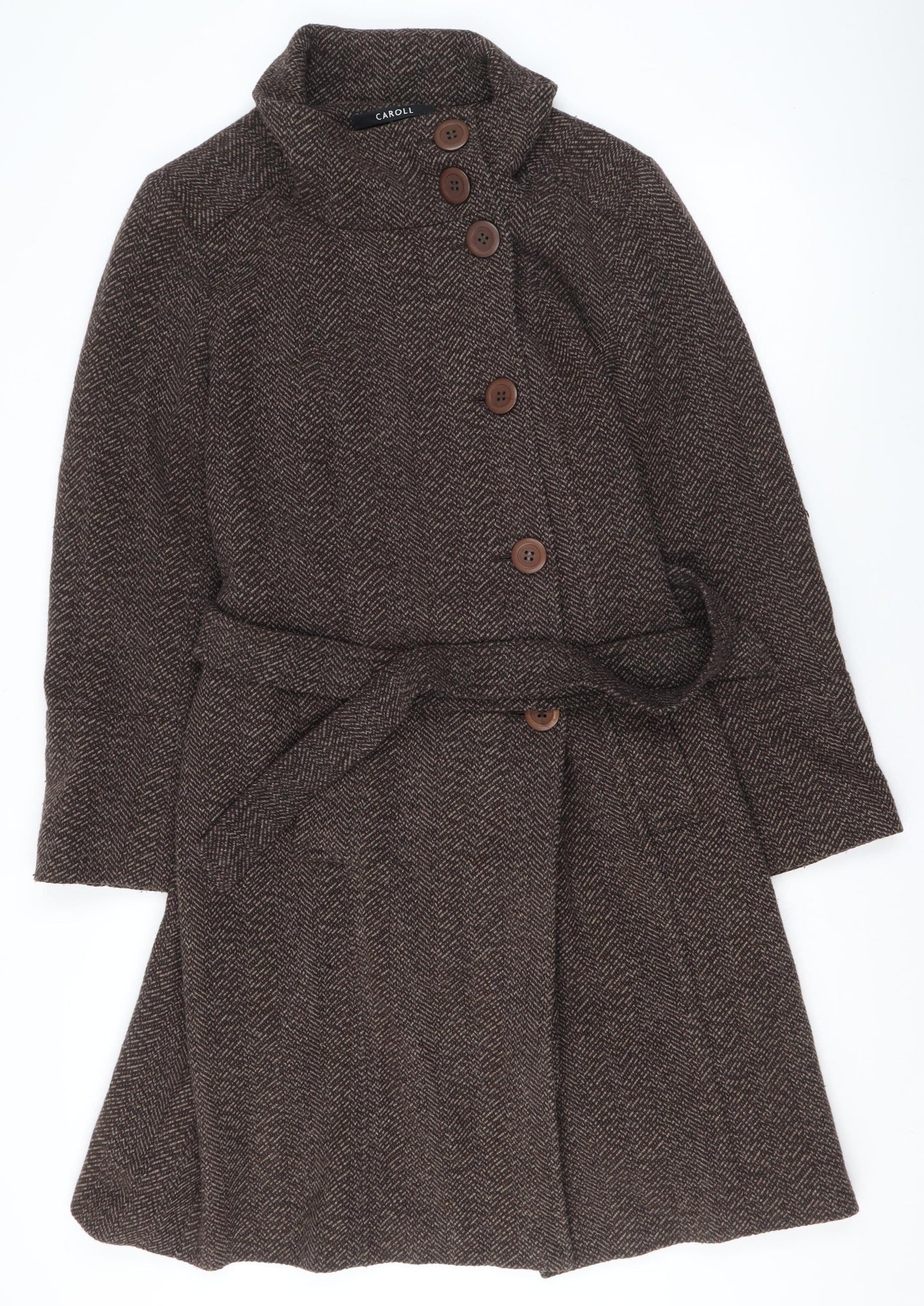 Caroll Women Brown Wool Blend Herringbone Belted Mid-Length Coat Size 42