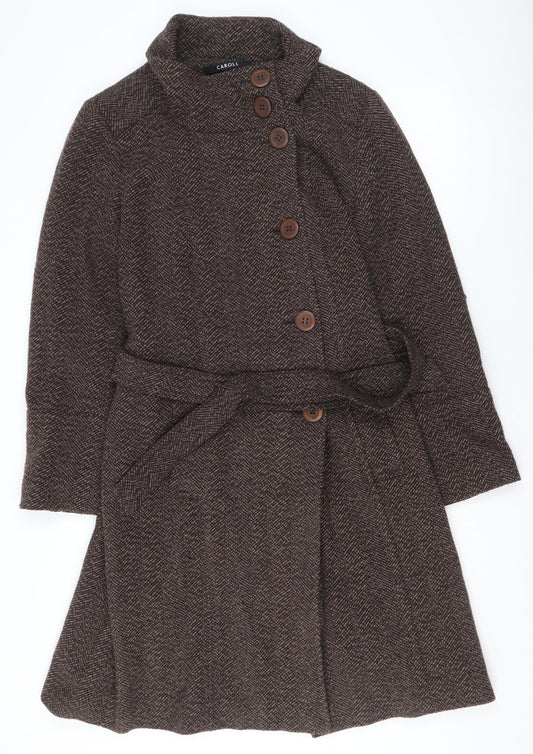 Caroll Women Brown Wool Blend Herringbone Belted Mid-Length Coat Size 42