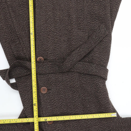 Caroll Women Brown Wool Blend Herringbone Belted Mid-Length Coat Size 42