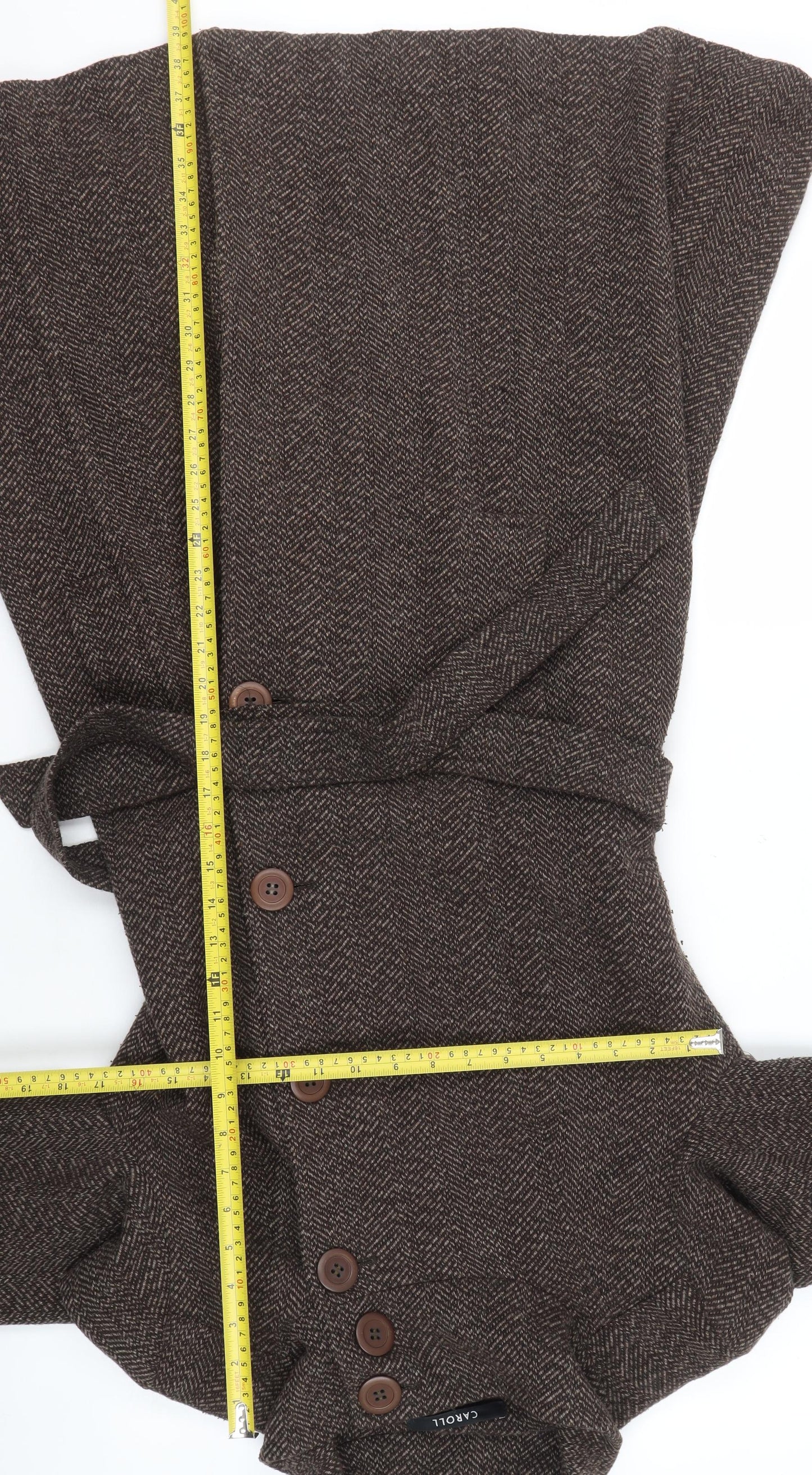 Caroll Women Brown Wool Blend Herringbone Belted Mid-Length Coat Size 42