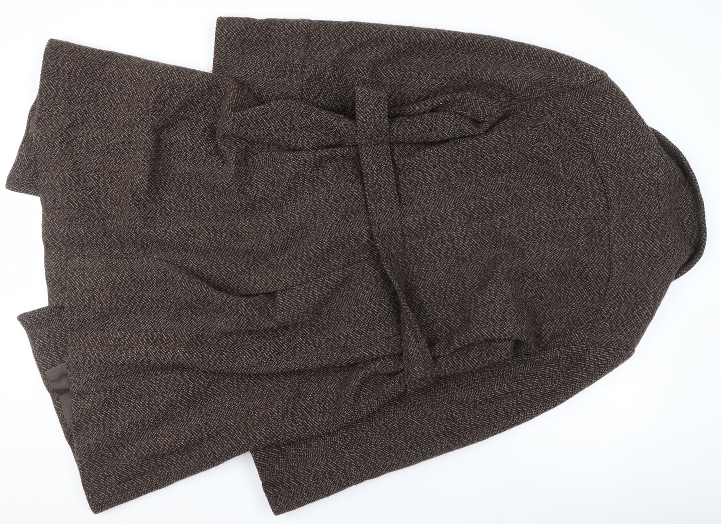 Caroll Women Brown Wool Blend Herringbone Belted Mid-Length Coat Size 42