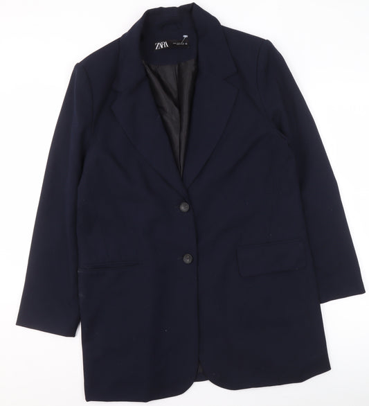 Zara Women Blue Size 12 Regular Fit Blazer Two-Button Wool Look Suit Jacket