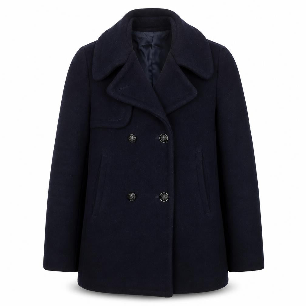 Front view of Claudie Pierlot women’s black wool pea coat, size UK 36, regular fit