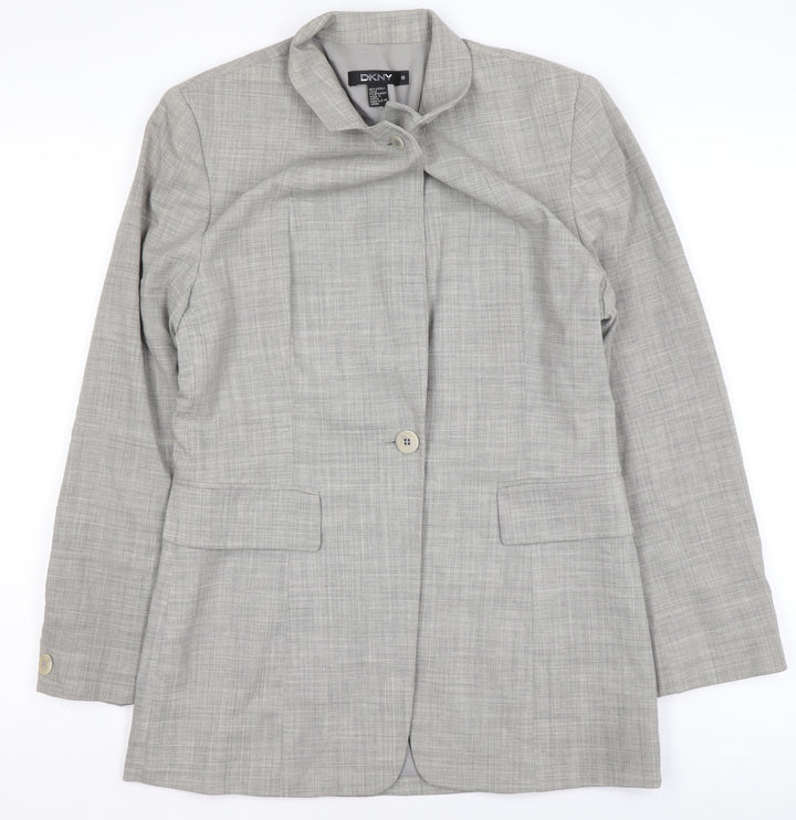 DKNY Women's Grey Single-Breasted Wool Blazer Size 12 Tailored Fit