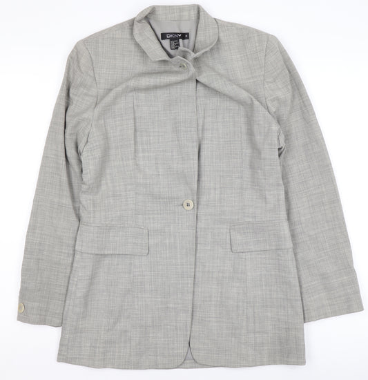 DKNY Women's Grey Single-Breasted Wool Blazer Size 12 Tailored Fit