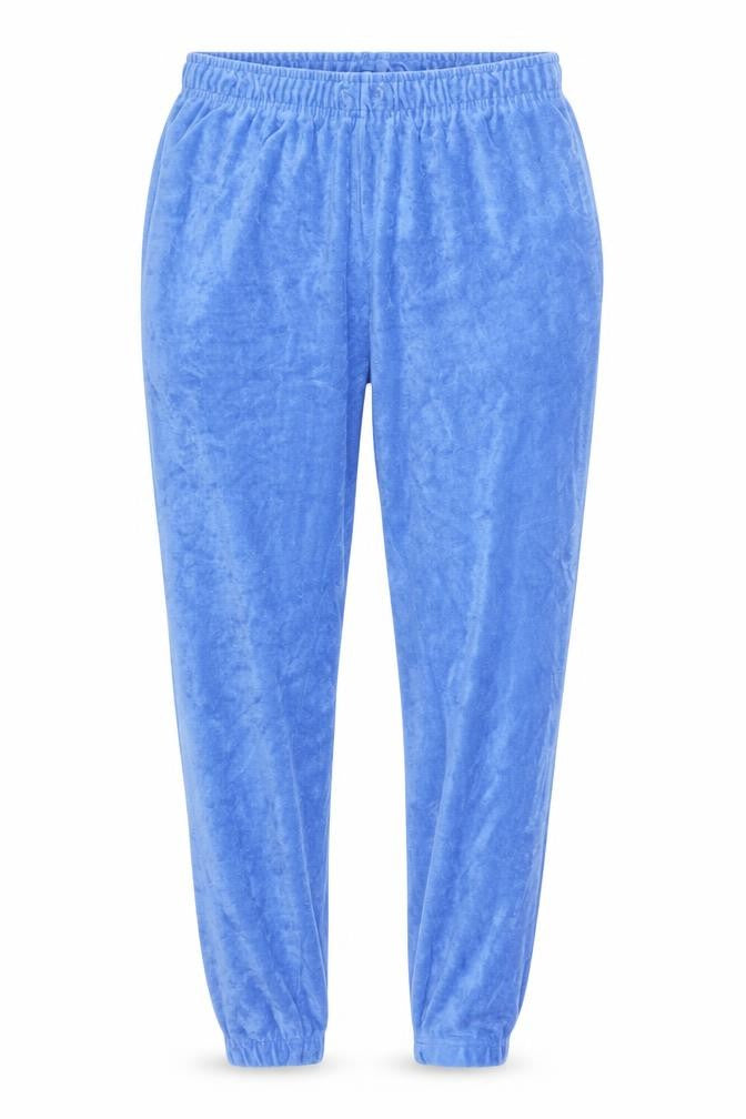 Front view of PRETTYLITTLETHING Women Blue Velour Jogger Trousers, size 10