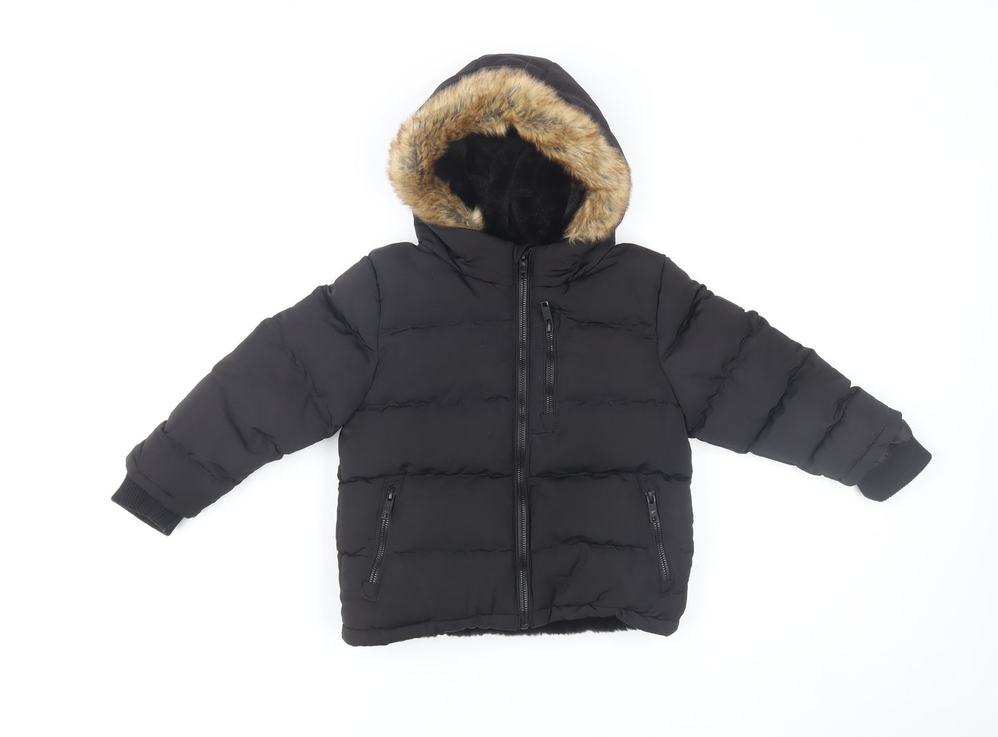 SoulCal & Co Boys Black Hooded Puffer Jacket 5-6 Years Faux Fur Trim Winter Coat