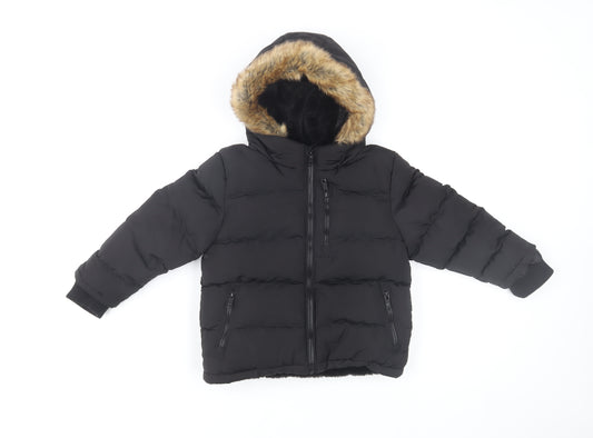 SoulCal & Co Boys Black Hooded Puffer Jacket 5-6 Years Faux Fur Trim Winter Coat
