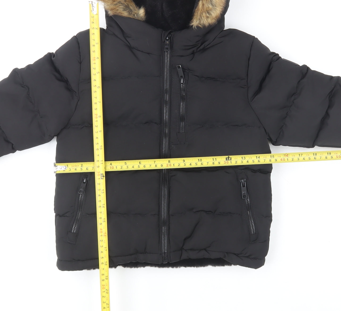 SoulCal & Co Boys Black Hooded Puffer Jacket 5-6 Years Faux Fur Trim Winter Coat