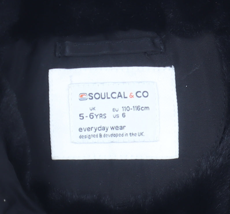 SoulCal & Co Boys Black Hooded Puffer Jacket 5-6 Years Faux Fur Trim Winter Coat