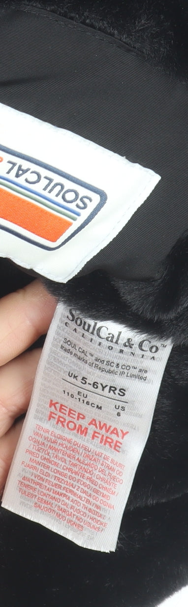 SoulCal & Co Boys Black Hooded Puffer Jacket 5-6 Years Faux Fur Trim Winter Coat
